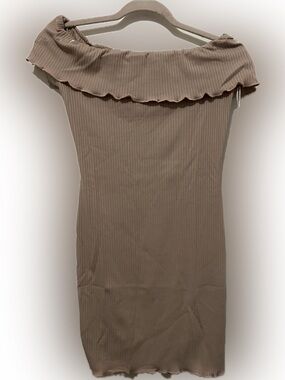 iris Beige Ribbed Off-Shoulder Dress